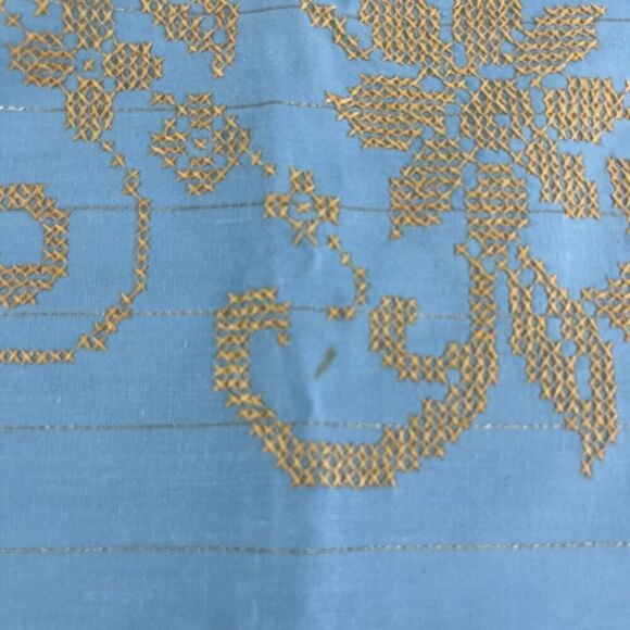 Vintage Blue Rectangular Dining Room Table Cloth w/ Gold Cross Stitch Flowers - Picture 3 of 11